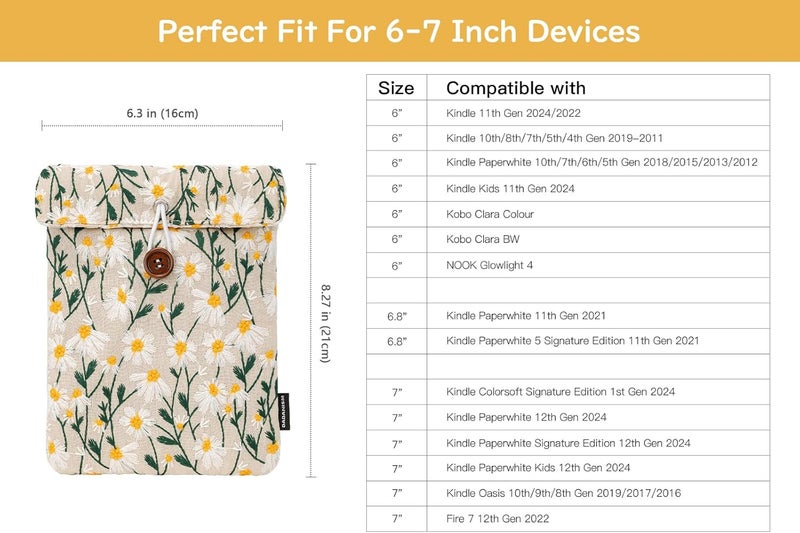 Dadanism 6-7 Inch Embroidered Daisy Floral Padded Sleeve for 7" All-New Kindle Paperwhite/Colorsoft Signature Edition, Protective Sleeve Carrying Case for 6" Kindle E-Reader/Oasis/Kobo E-Reader, Beige - Image 2